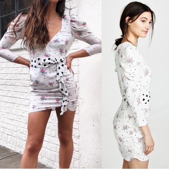 FOR LOVE LEMONS Floral Puff Sleeve Ruched Heart‎ Ruffle Belt Faux Wrap Dress XS - Picture 9 of 16